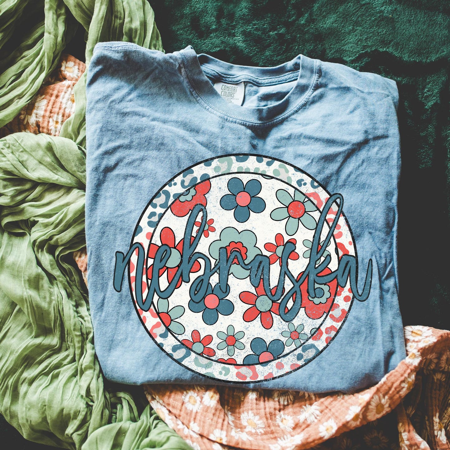 Retro Floral Tee - Blue Jean