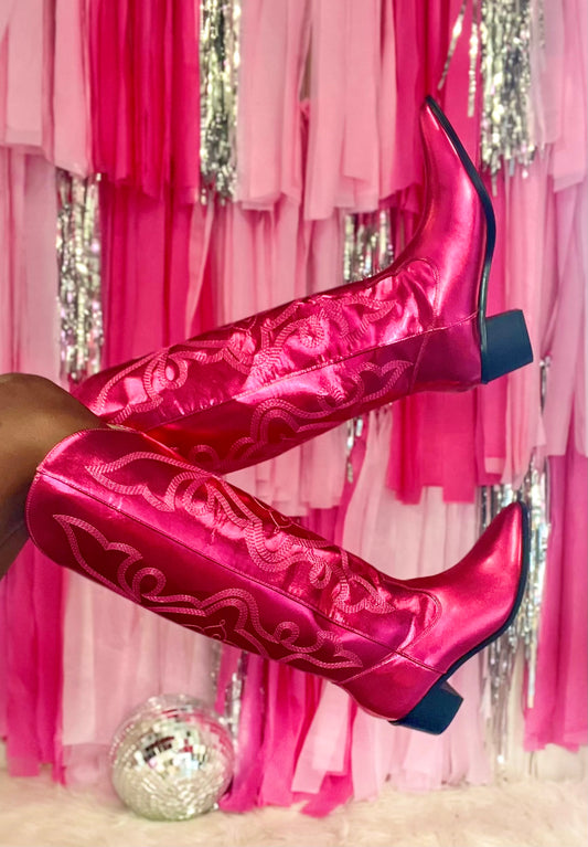 Metallic Cowgirl Boots in Hot Pink